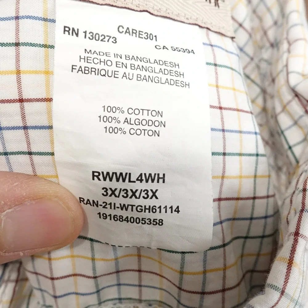 Wrangler Shirt Mens 3XL White Check Long Sleeve Button-Up Cotton Casual Pocket